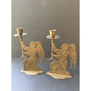 Vintage Solid Brass Double Sided Angel Candle Candlestick Holders Set Of 2